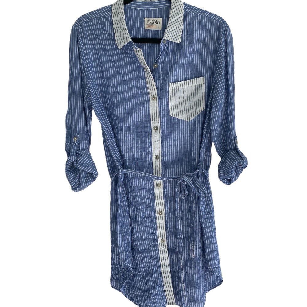ANTHROPOLOGIE Holding Horses Women’s Blue Pinstripe Belted Shirt Dress Size: S